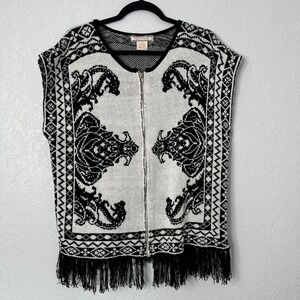 Flying Tomato‎ Black White Boho Fringe Zipper Sweater Vest Cardigan Women S/M